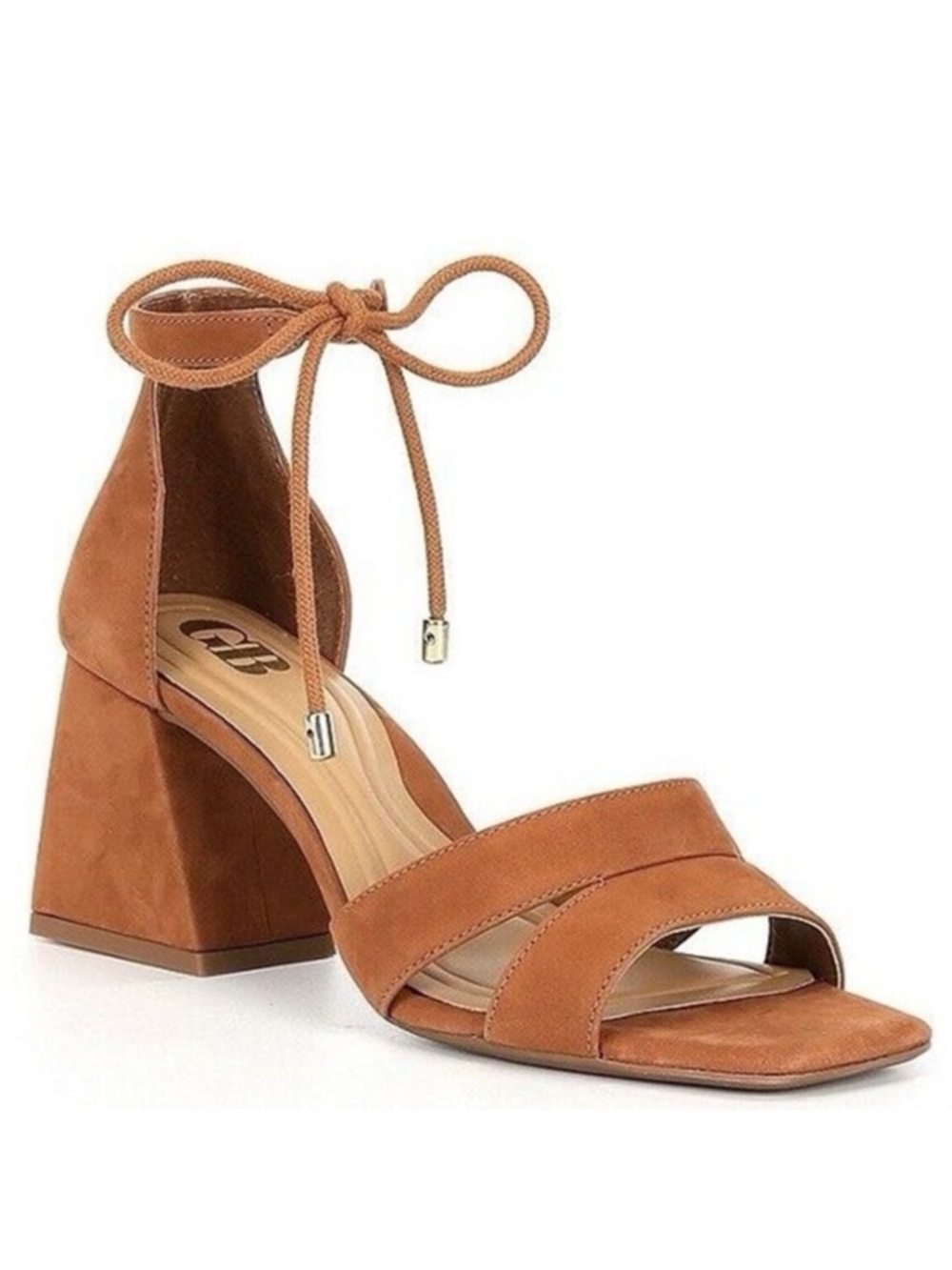 GB Gianni Bini Late-Nite Sandals Camel Brown Suede Ankle Tie Block Heel Size 9.5